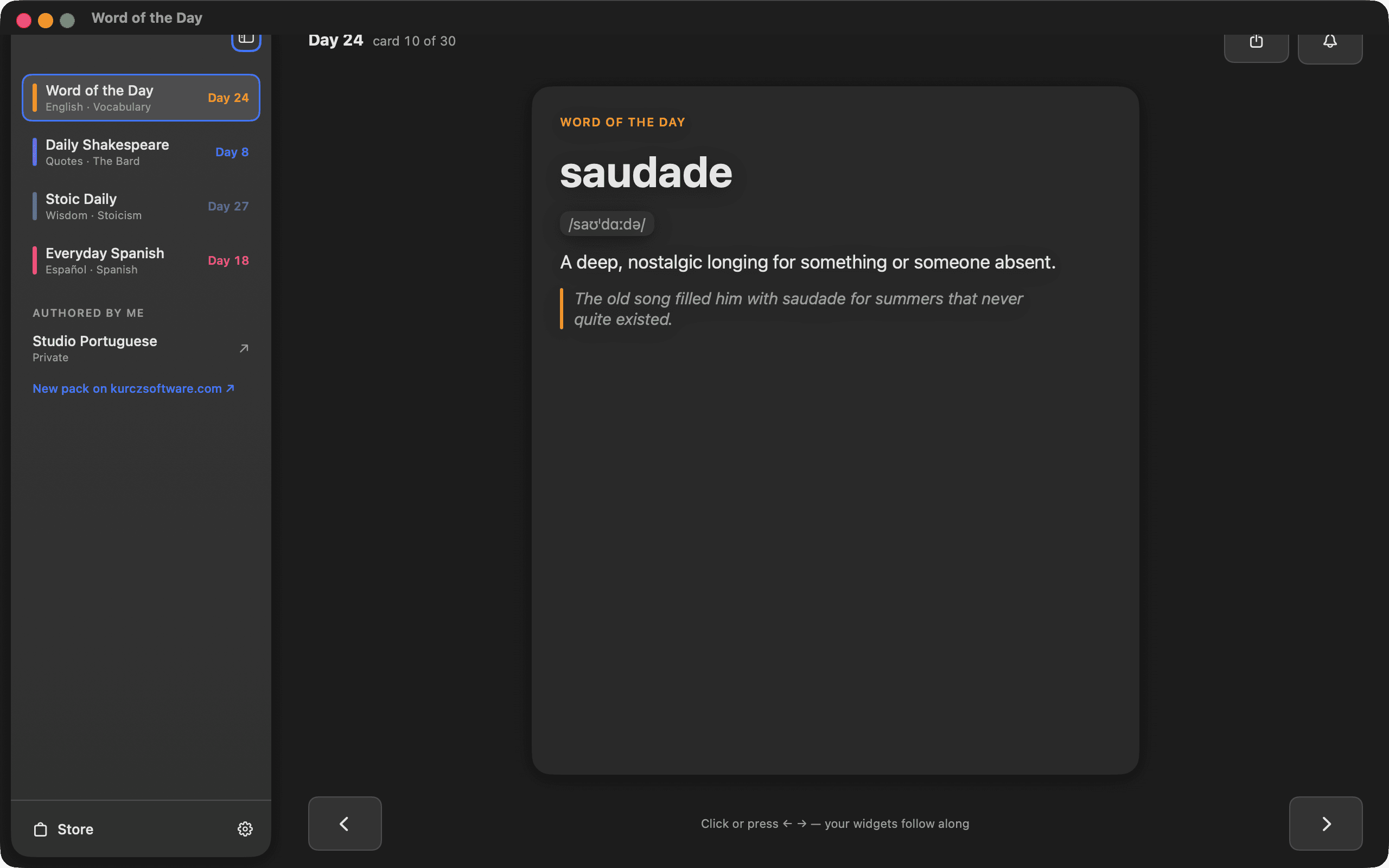 Daily Widget — One small thing a day — today's card, with your packs one click away