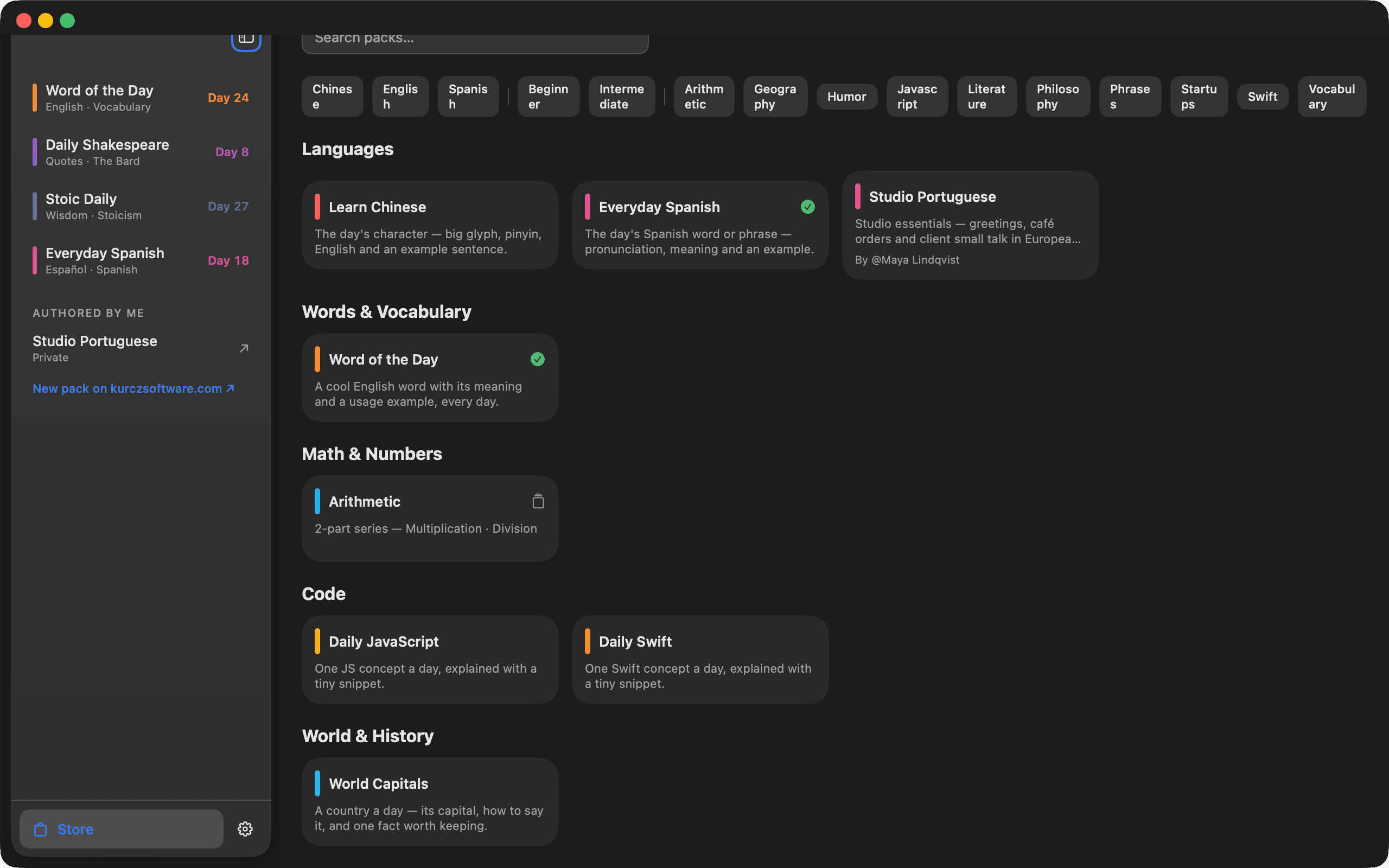 Daily Widget — A store of daily packs — languages, words, quotes — plus packs you author yourself
