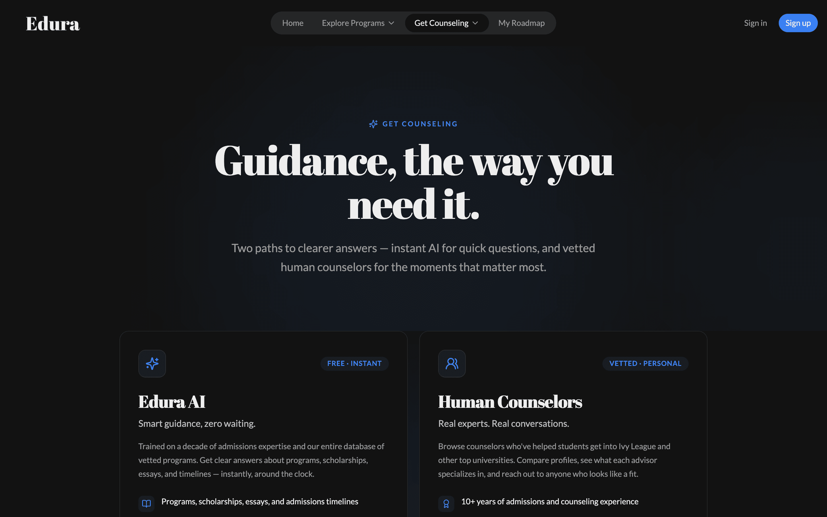 Edura — AI and human counseling, side by side — pick the track that fits