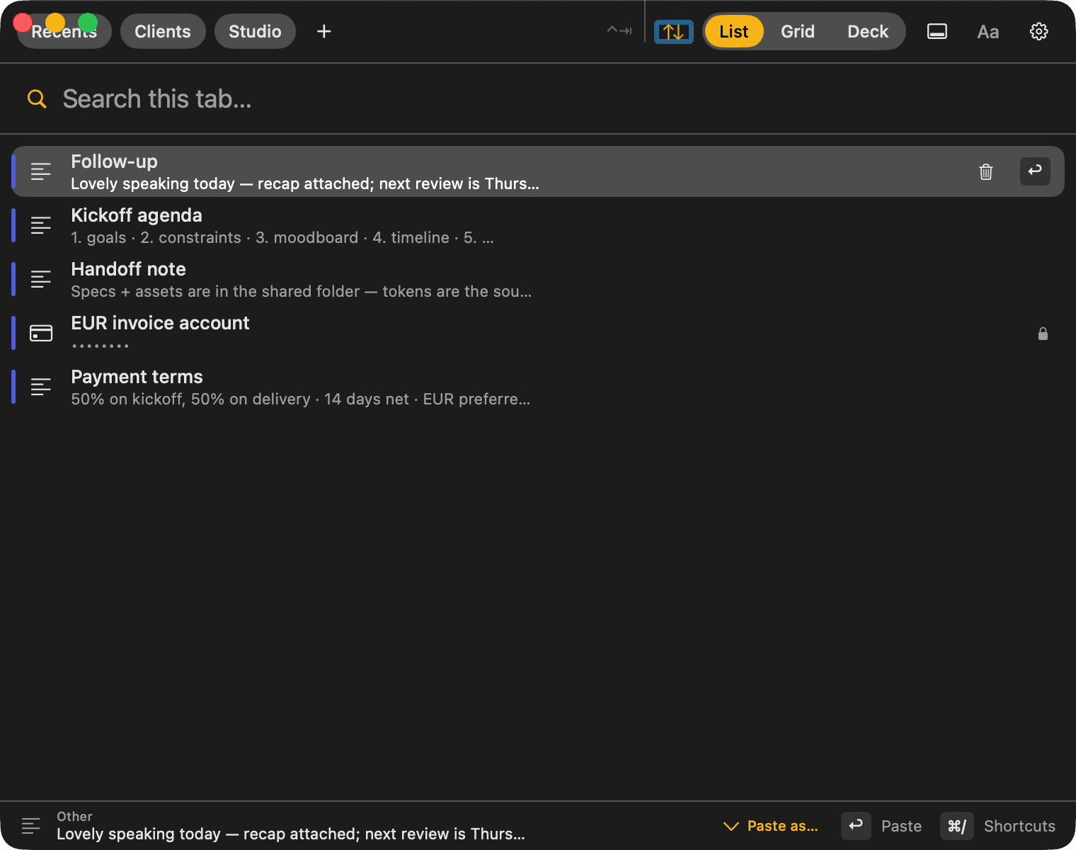 QuickPaste — Saved snippets in collections — tagged, ranked, sensitive values masked