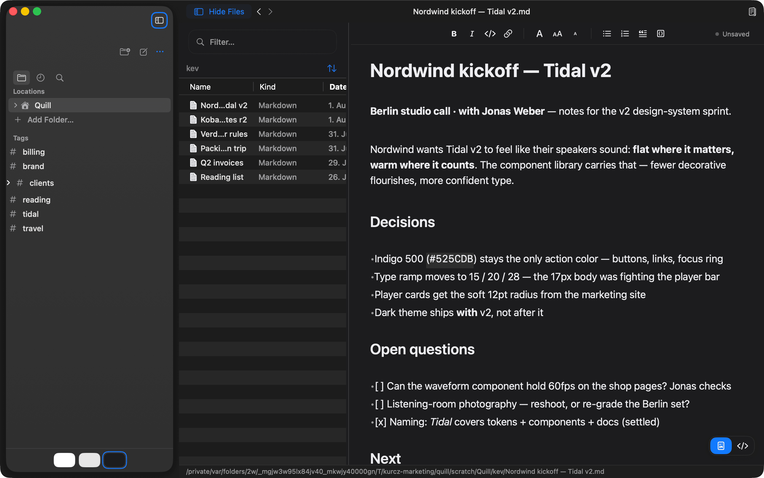 Quill — A real Markdown file, rendered beautifully — folders, pins and recents one glance away