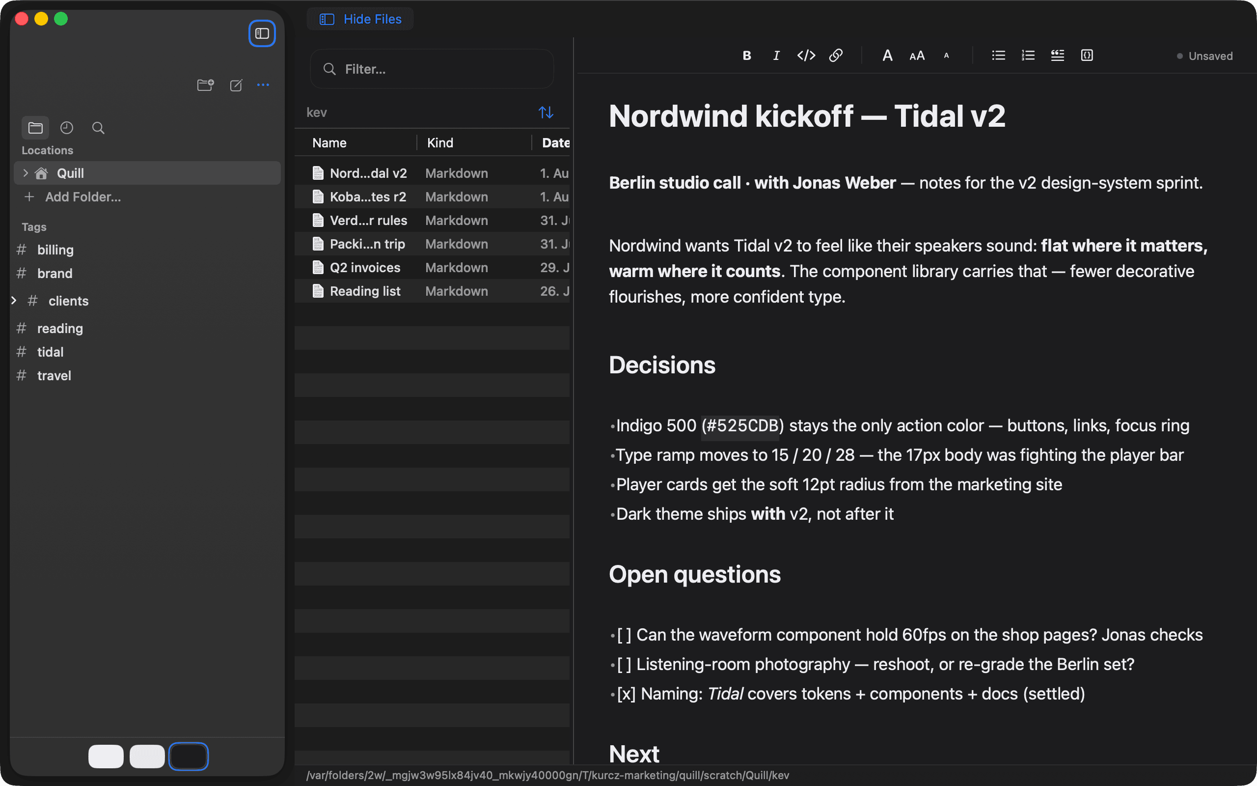 Quill — Your folder is the library — notes stay ordinary files, sorted by what you touched last