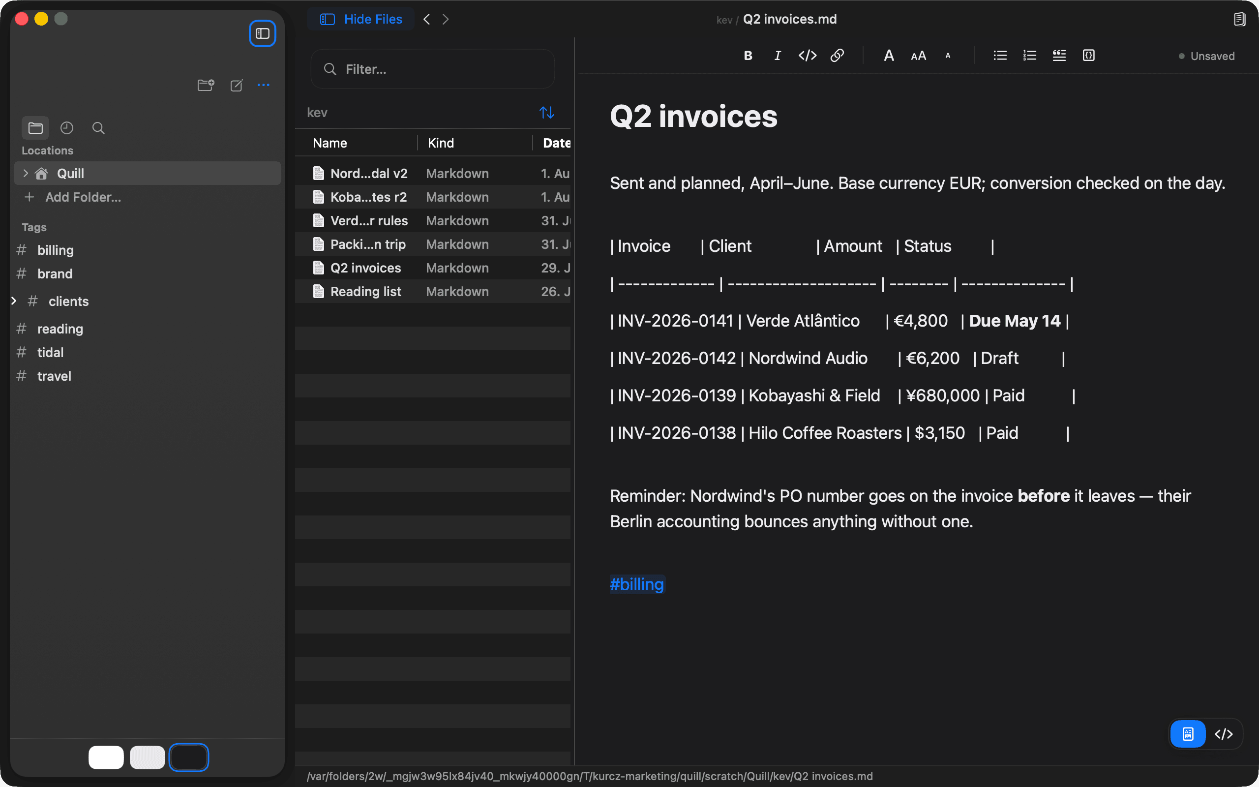 Quill — Tables, checklists and quotes — styled writing on plain Markdown