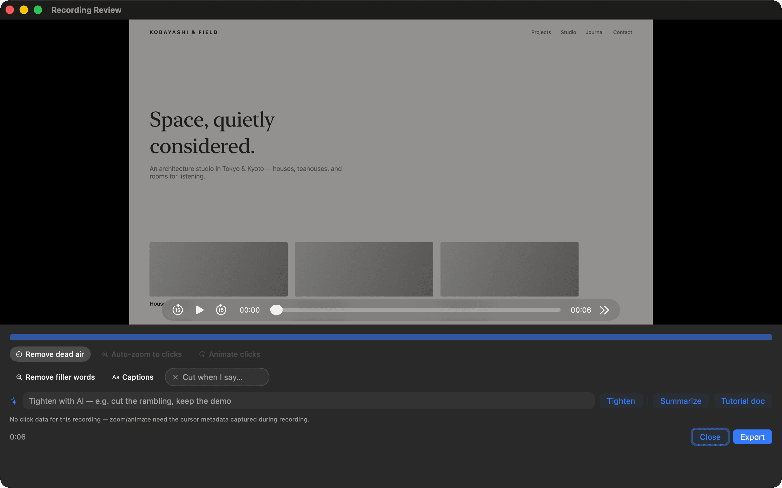 Snapshot — Review a recording — dead air, auto-zoom and captions are one pill away