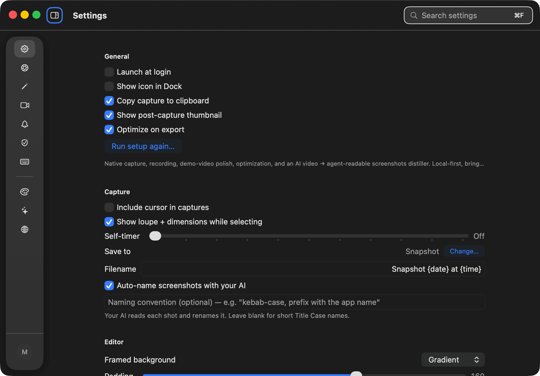 Snapshot — Capture, editor and recording behavior in the suite settings shell