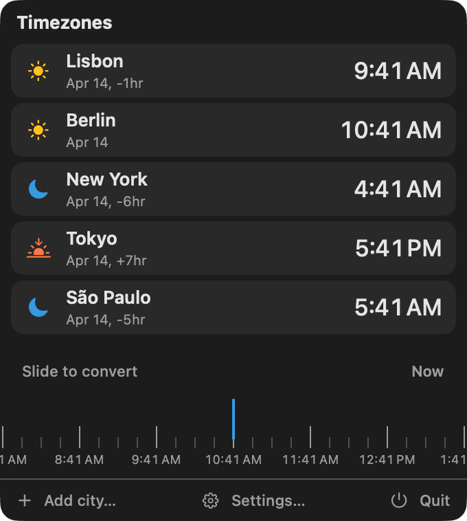 Timezones — Every place you care about — live times and day-night at a glance, right in the menu bar
