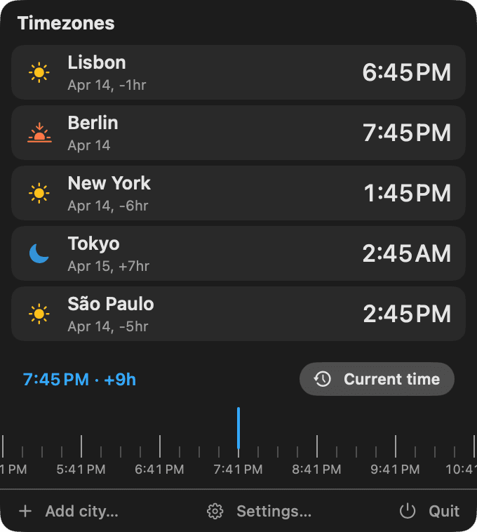 Timezones — Slide the ruler — see what 6:45 PM at home is in Tokyo, New York and São Paulo