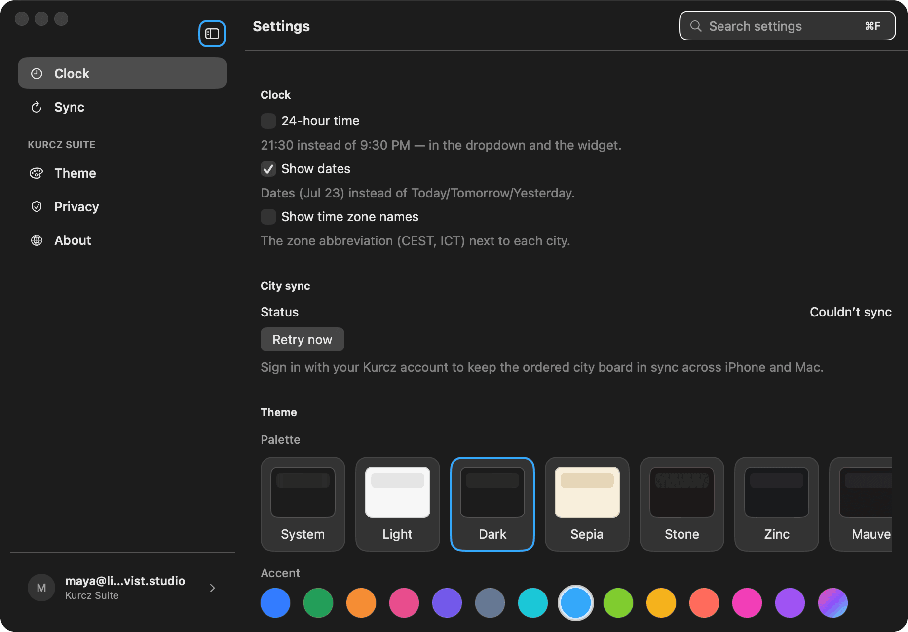 Timezones — Clock format, dates and zone names in the suite settings shell