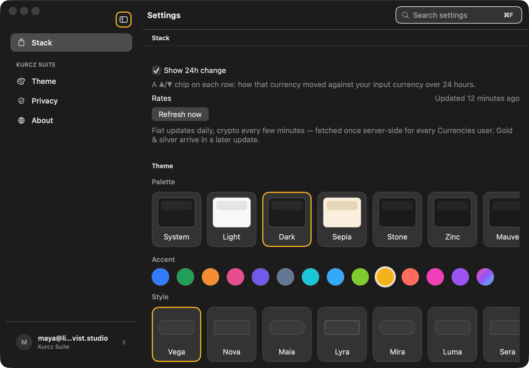 Currencies — Rates, refresh cadence and the 24h change chip in the suite settings shell