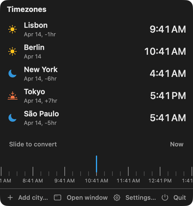 Timezones — Every place you care about — live times and day-night at a glance, right in the menu bar